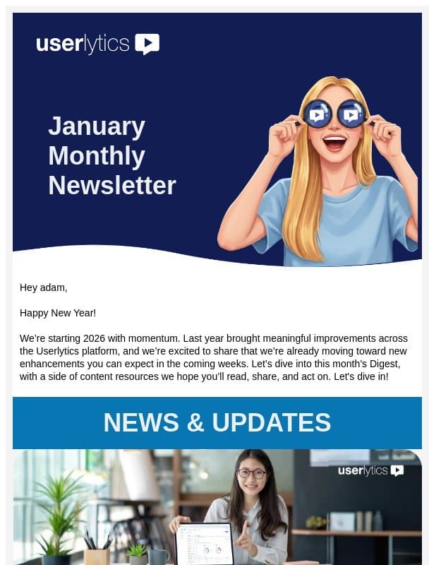 Your Monthly Digest: AI-driven Product Enhancements coming your way and more! email from Userlytics