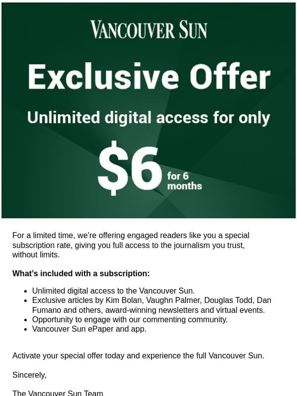 A special offer for Vancouver Sun readers who want more email from Vancouver Magazine