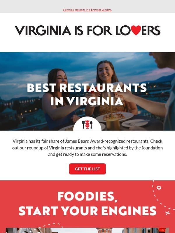See the best restaurants in Virginia & take a foodie road trip email from Virginia Tourism Corporation