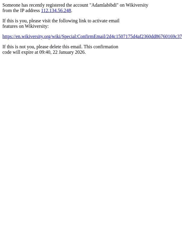 Wikiversity email address confirmation email from Wikiversity
