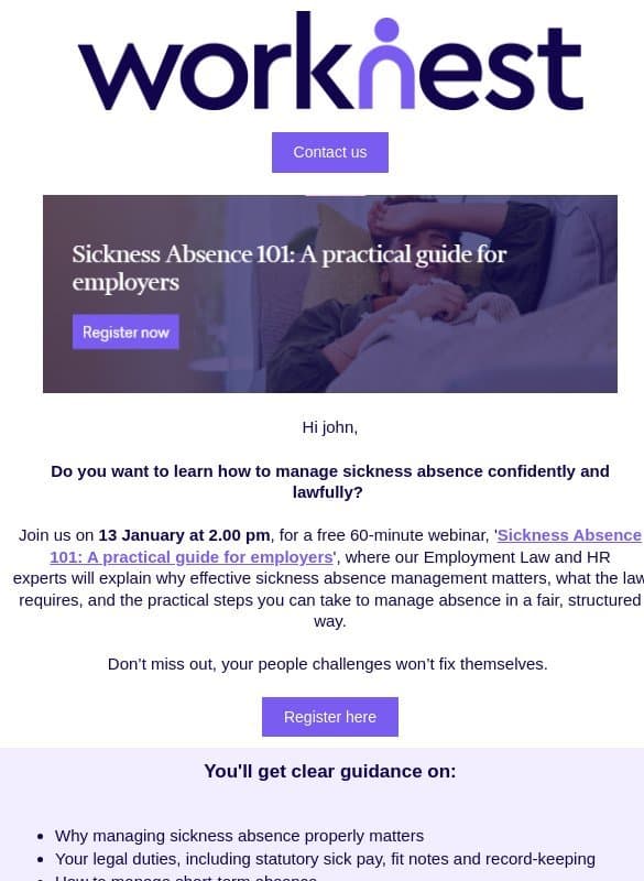 Save your seat | Sickness Absence 101: A practical guide for employers email from WorkNest