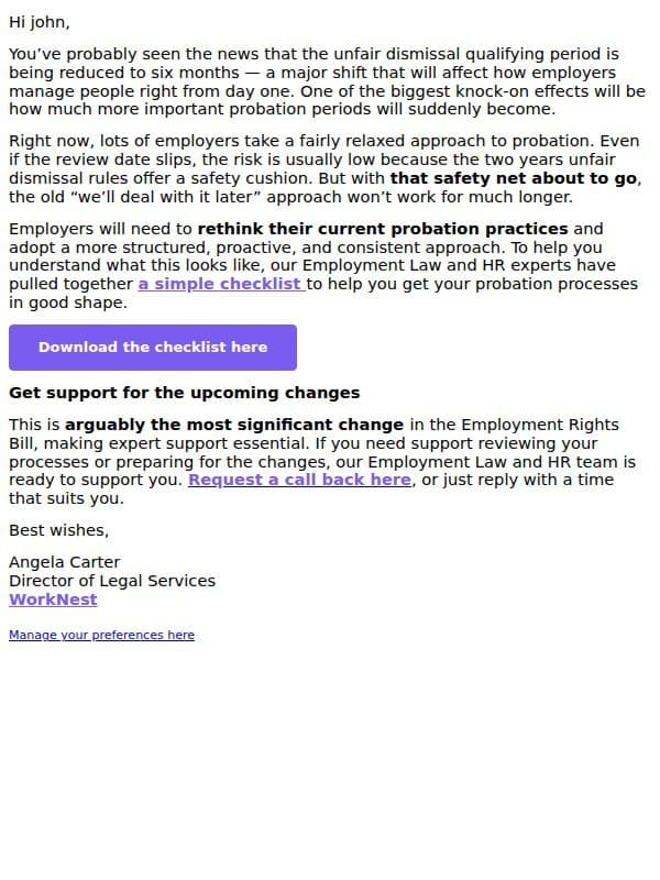 Six-month unfair dismissal protection | Checklist for employers email from WorkNest