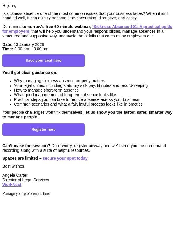 Last chance to register | Sickness Absence 101: A practical guide for employers email from WorkNest