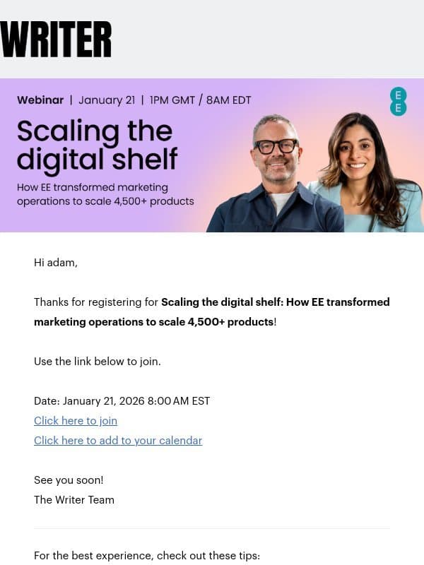 You are registered - Scaling the digital shelf: How EE transformed marketing operations to scale 4,500+ products email from Writer
