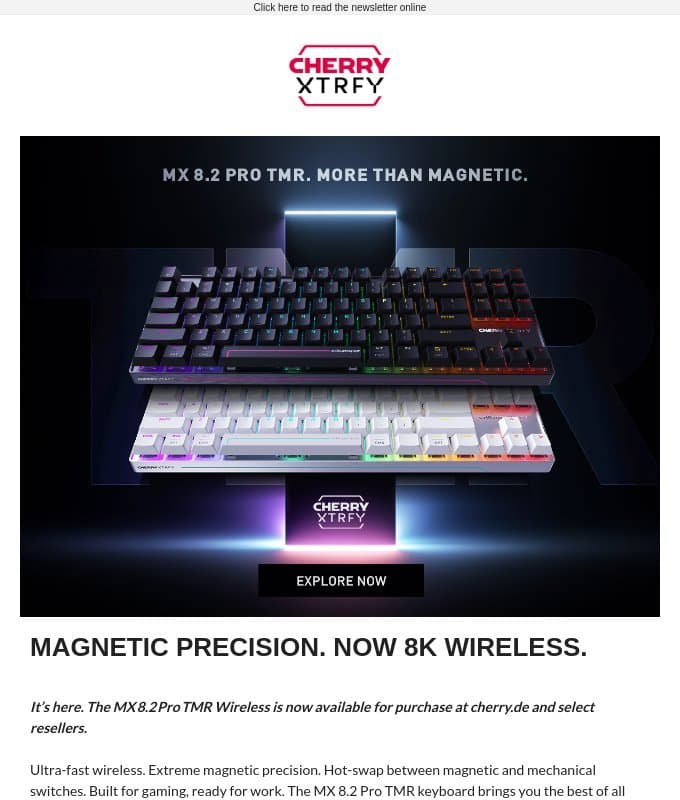 It’s here. Meet the MX 8.2 Pro TMR Wireless keyboard. email from Xtrfy