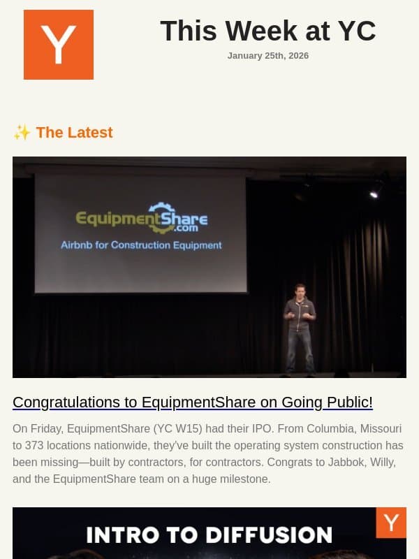 EquipmentShare from YC W15 Goes Public email from Y Combinator