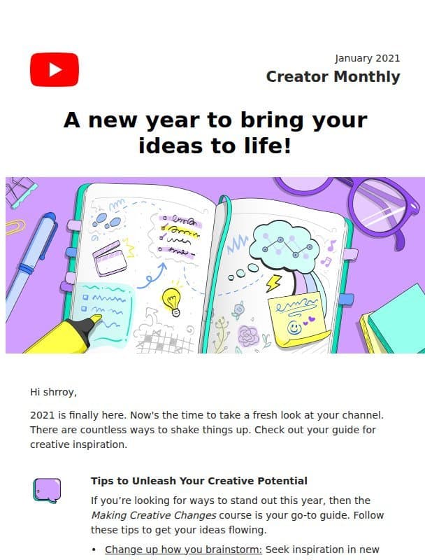 Fwd: January Newsletter: New year, new possibilities, shrroy! email from Youtube