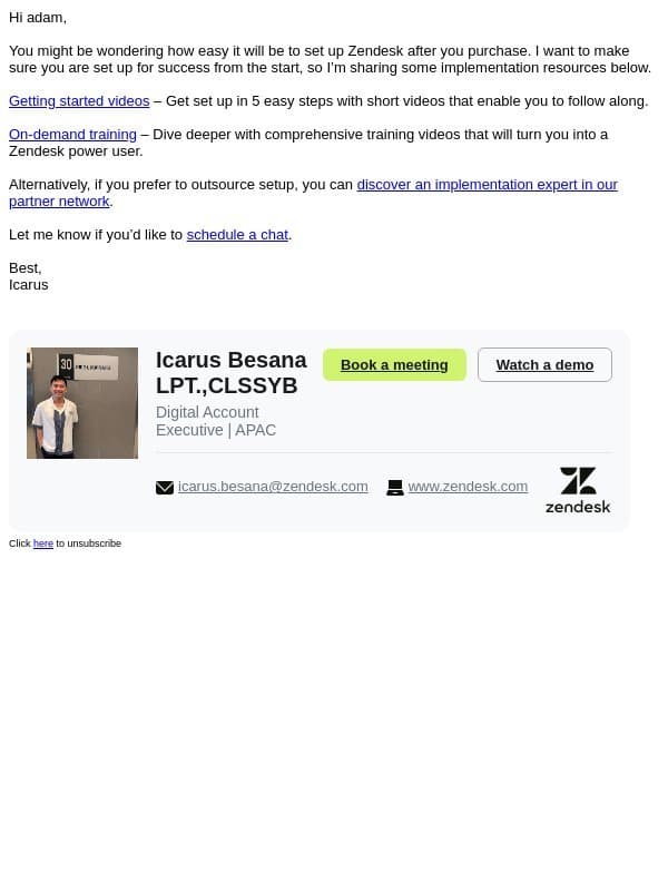Zendesk implementation plan & resources email from Zendesk