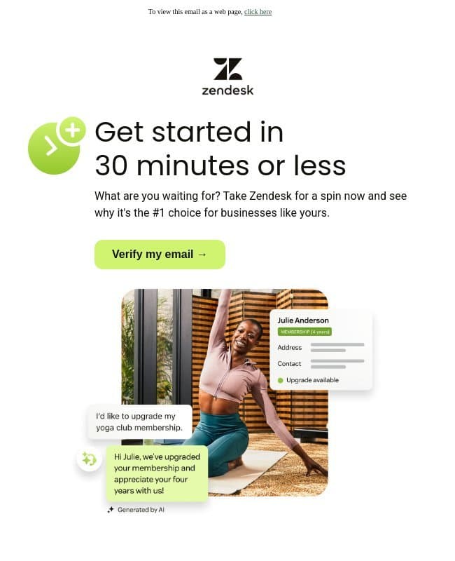 Go from setup to support in 30 minutes ⚡ email from Zendesk
