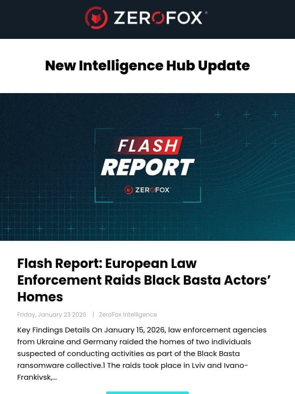 New Intelligence Hub Update - Flash Report: European Law Enforcement Raids Black Basta Actors’ Homes email from ZeroFox