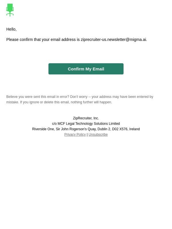 Action Required: Verify ziprecruiter-us.newsletter@migma.ai email from ZipRecruiter