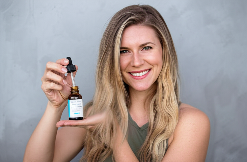Combined image showing model holding product