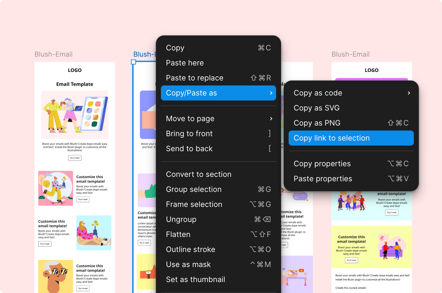 Figma to Email Conversion Process showing the three steps: import, convert, and customize