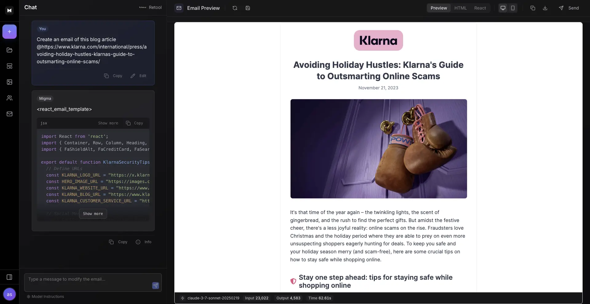 Migma Prompt to Email Conversion Demo - showing the interface for creating branded emails